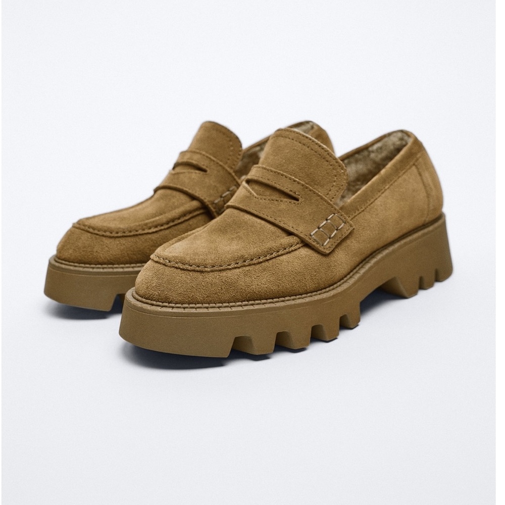 Zara Chunky Suede Penny Loafers in Camel